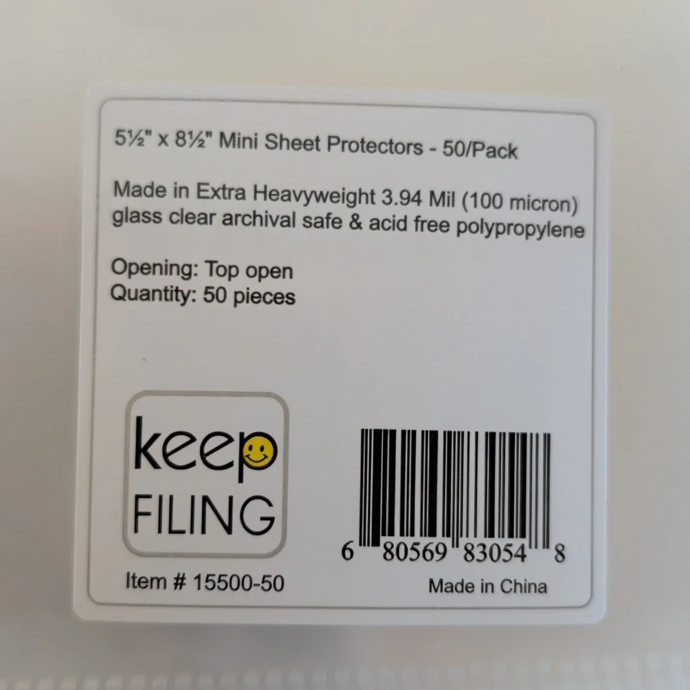 Keep Filing Mini Sheet Protectors 50/Pack, Clear, 5.5 X 8.5 Inches